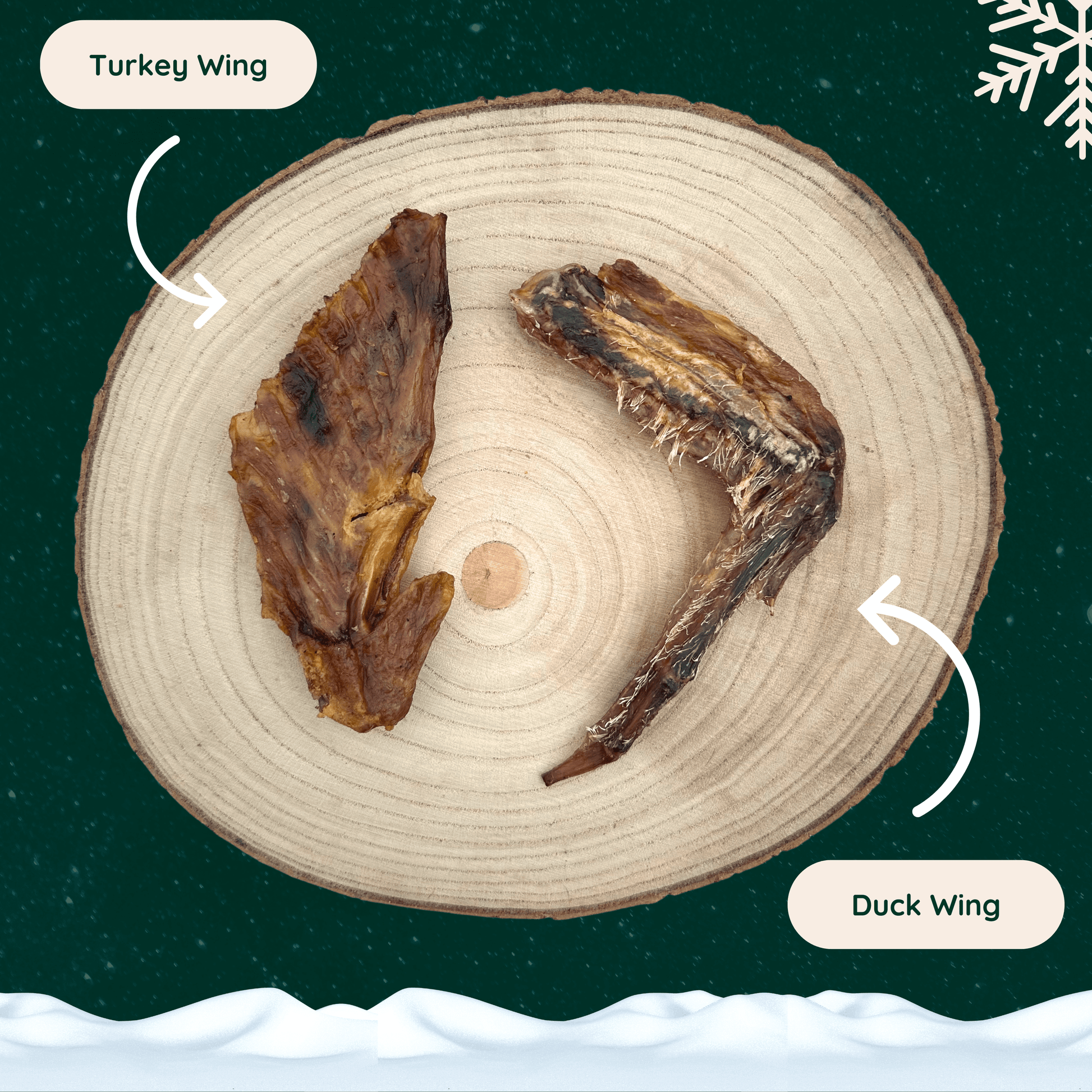 A dried turkey wing and a dried duck wing dog chew on a wooden slice plate against a dark green starry background with a white snowflake in the top right corner and a blanket of snow across the bottom.