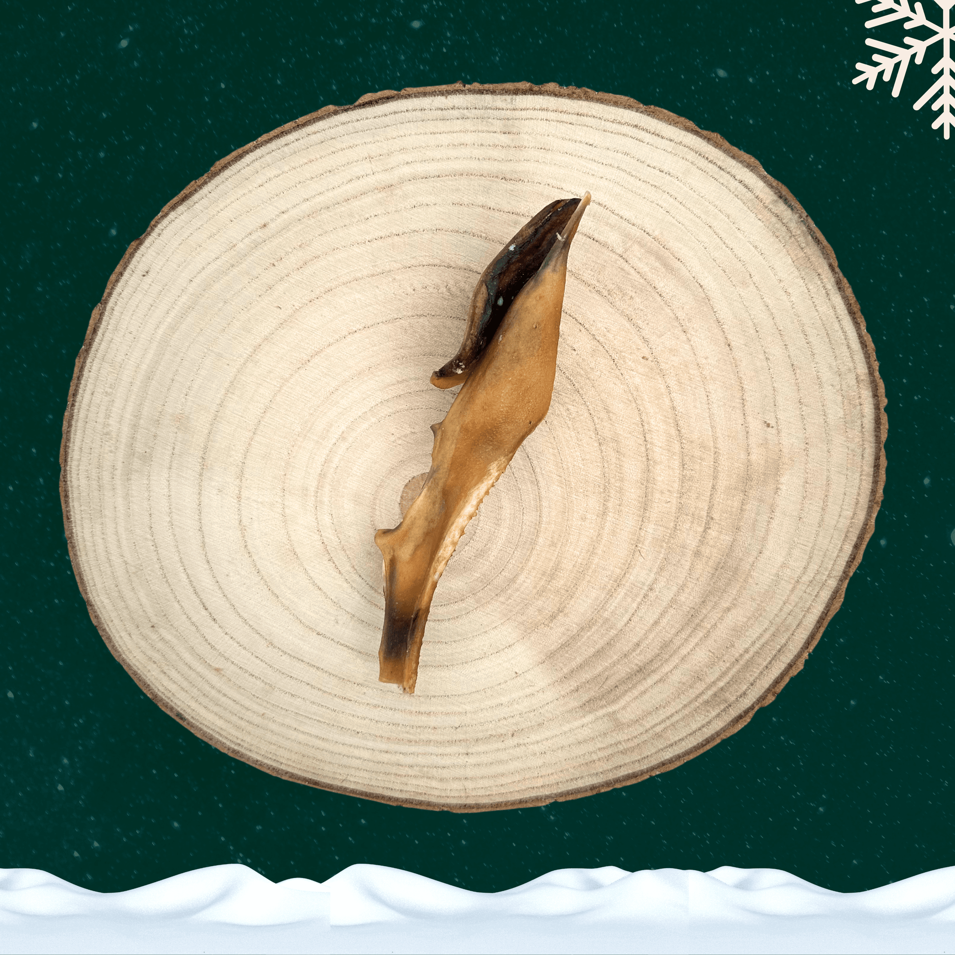 A slice of venison skin chew for dogs on a wooden plate against a dark green starry sky background. There is a white snowflake in the top right corner and a blanket of snow across the bottom.