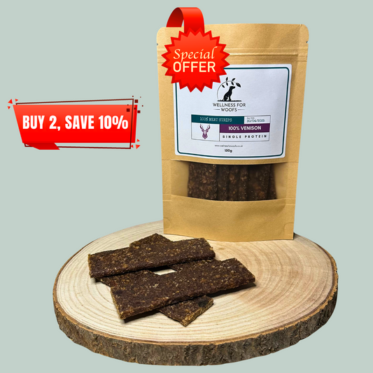 Pure venison single protein meat strip natural healthy chews and treats for dogs and puppies.
