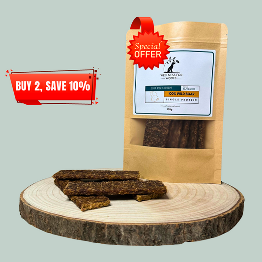 Pure wild boar single protein meat strip natural healthy chews and treats for dogs and puppies.