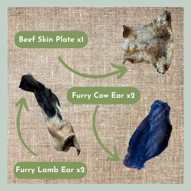 Beef skin plate, furry cows ears and furry lambs ears natural worming treats for dogs with no chemicals