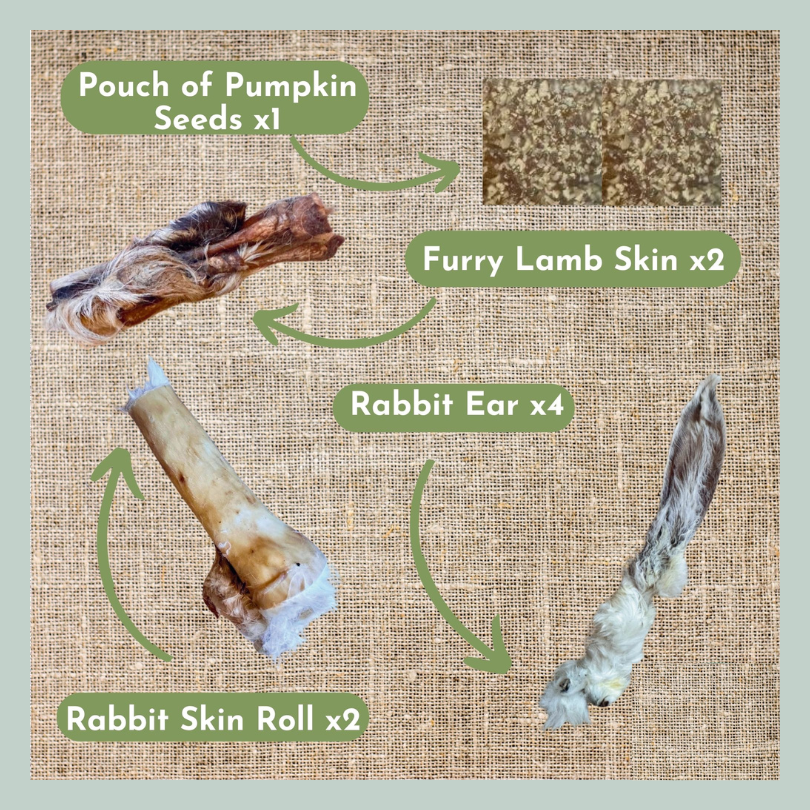 Pouch of ground pumpkin seeds, furry lamb skin, rabbit ears and rabbit skin roll natural worming treats for dogs